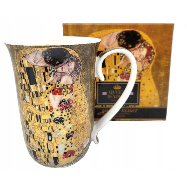 Cana înaltă portelan Queen Isabell, decor Gustav Klimt - Sarutul, 400ml, alb