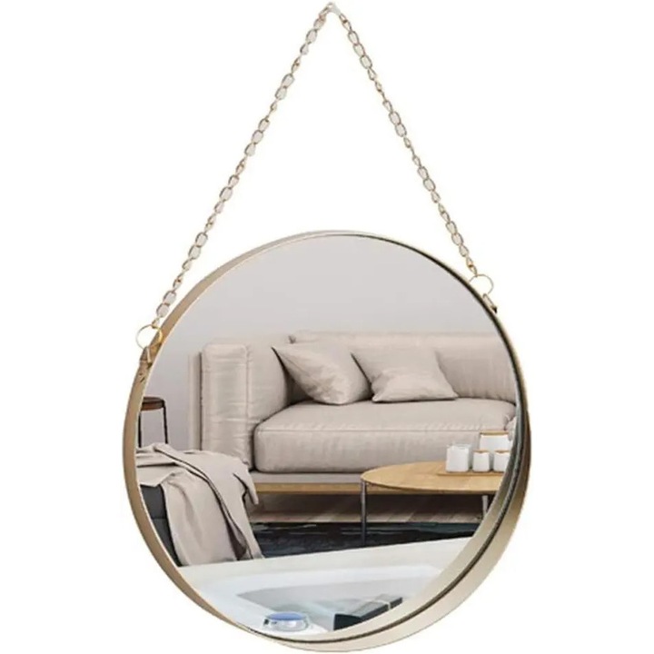 Oglinda de perete rotunda STALVA-CJ-K0502-20260818-8608, rama metalica auriu antic cu lant, diametru 25 cm