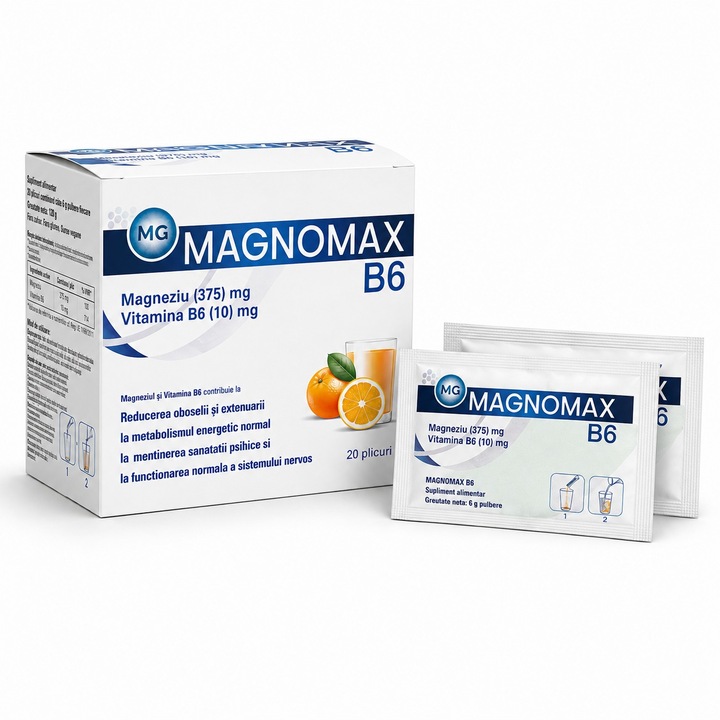 Supliment Alimentar MAGNOMAX B6, Magneziu 375 mg + Vitamina B6 10 mg, Aroma Portocala, 20 Plicuri