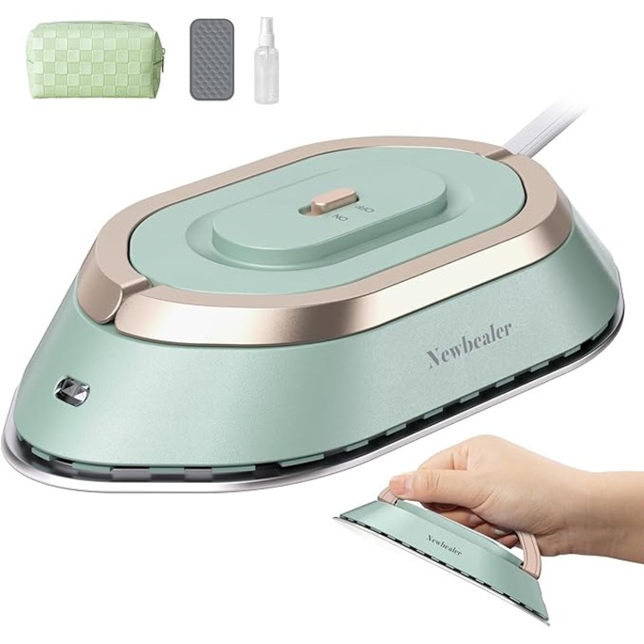 Mini fier de calcat de voiaj Newbealer, tensiune universala 100-240 V, fara abur, talpa ceramica, incalzire rapida pana la 150°C, compact, cu pulverizator, husa de depozitare si suport din silicon, verde