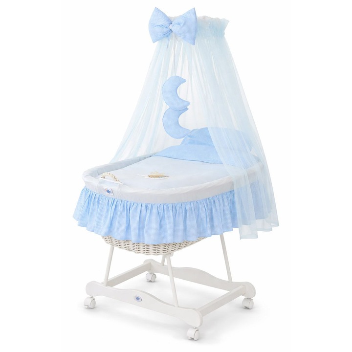 Кошница Моисей от ракита My Sweet Baby Goodnight, дървена рамка с колела и спирачки, спално бельо 100% памук + подвижен балдахин, бял/син, антиалергичен матрак 80×45×5 см