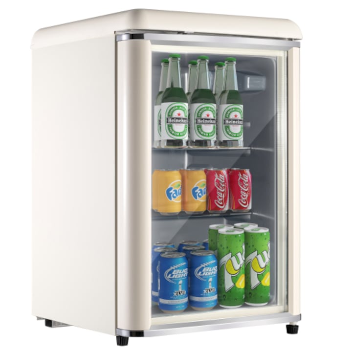 Mini-frigider retro, 78 L, cu compresor, usa din sticla dublu izolata, lumina LED, rafturi reglabile, capacitate 42 doze, 43 dB, Clasa E, bej