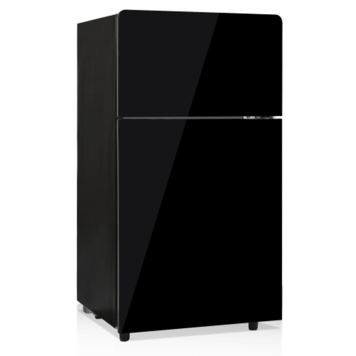 Mini-frigider, 72 L (congelator 21 L + frigider 51 L), usa din sticla neagra, reglaj 7 trepte, iluminare LED, R600, 49 x 45 x 86.5 cm, 39 dB, 120 kWh/an