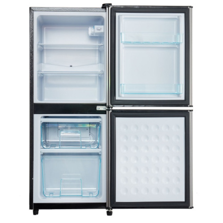 Mini-frigider HOME-A025, 106 l (60 l frigider + 46 l congelator), R600a, clasa E, 166 kWh/an, usa argintiu periat, iluminare LED, 45 dB