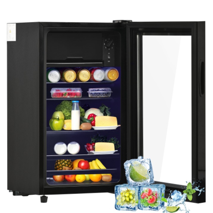 Mini-frigider HOME-A021, cu compresor, capacitate totala 76L (refroidisseur 70L + congelator 6L), usa dubla din sticla, negru, 71.6 x 40.0 x 43.5 cm, Clasa E