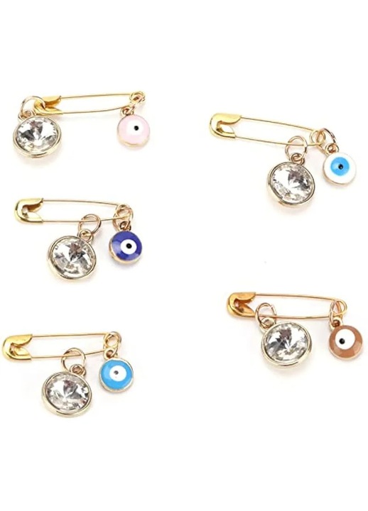 Brosa (ac de siguranta) din metal placat cu aur, pandantiv ochi protector si cristal, multicolor
