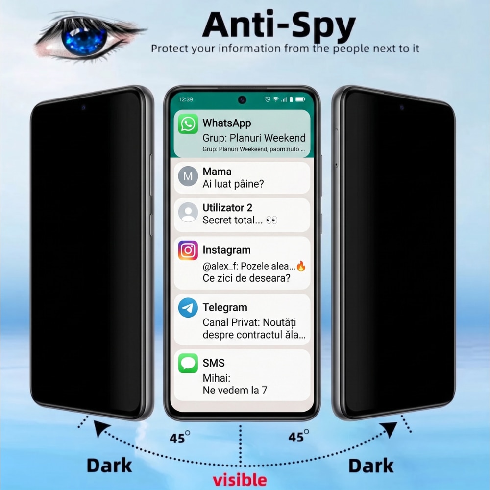 Folie de Sticla Privacy pentru Honor 600 | 600 Pro, Sticla Securizata 5D, Full Glue, Acoperire Completa, Duritate 9H+, Filtru Anti-Spy, Tratament Oleofobic, Suport Amprenta, Privacy Kore Protect