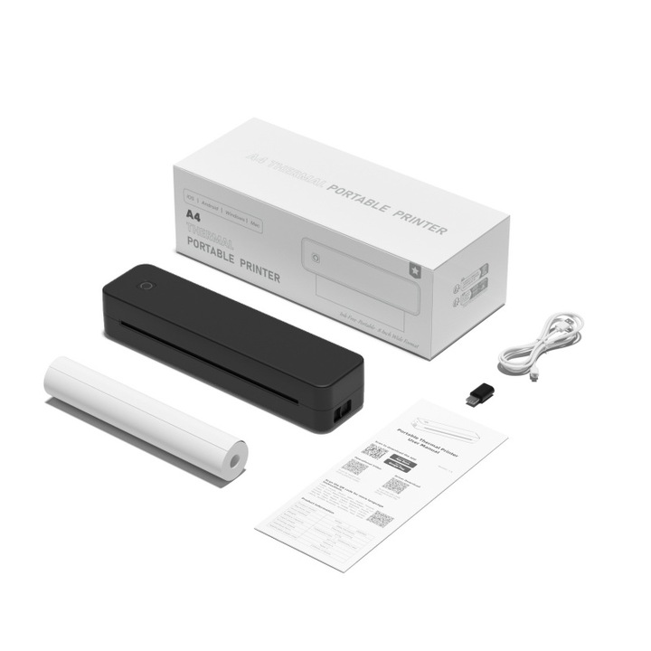 A4 hordozható hőnyomtató, kompatibilis Android/iOS/Windows/macOS rendszerekkel, Bluetooth és USB csatlakozási támogatással, beépített akkumulátorral, könnyen használható, LuckJingle alkalmazással, fekete színben