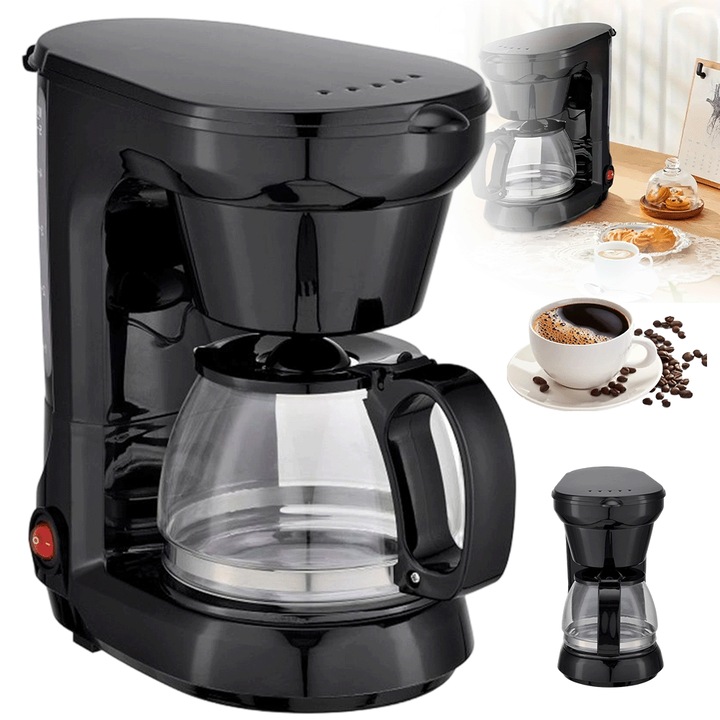 cafetiera750ML, Juksun, Sistem Anti-Picurare, Oprire Automata, Functie Mentinere la Cald, pana la 4-6 Cupe, Indicator nivel apa, 550-650W, 220-240V, 240*144*252mm, Negru