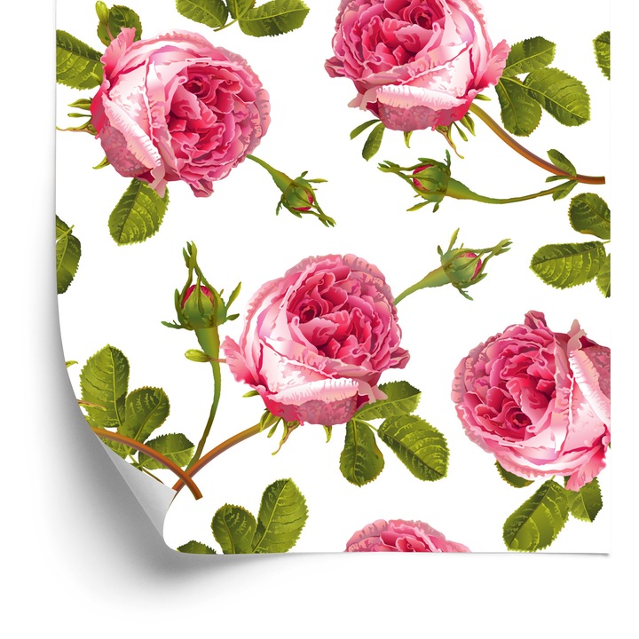 Tapet - Trandafiri cu frunze, Decor de perete, Motiv botanic, Stil natural, Decor pentru copii, Stil jucaus, Pentru living, dormitor, birou si hol, Vlies, Finisaj mat, 50x1000 cm, Model 3283