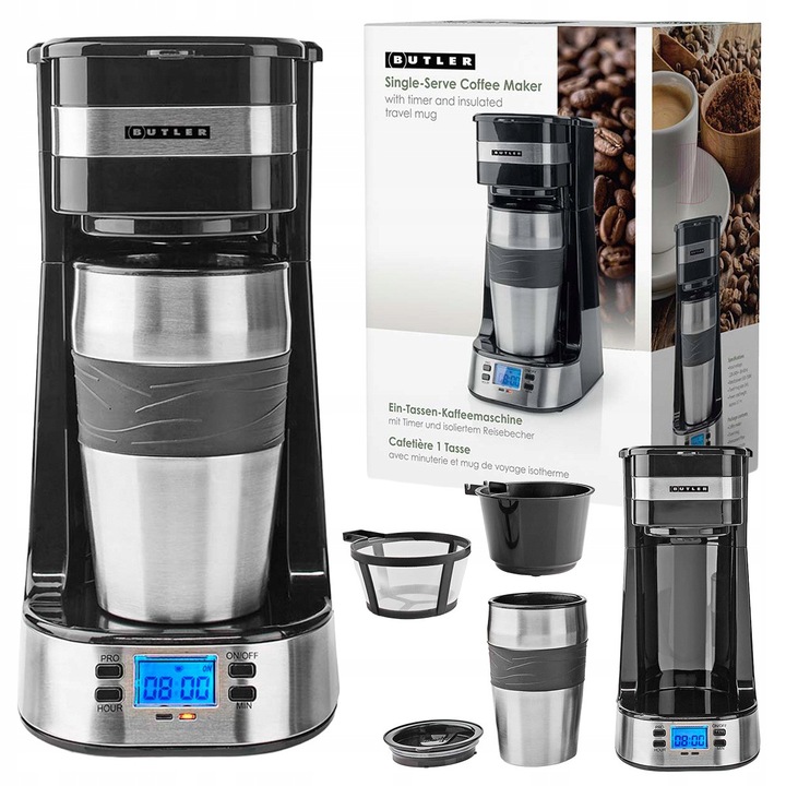 Set Cafetiera Single-Serve, Butler 16100132, Cana Termica, Timer LCD, 750W, Argintiu