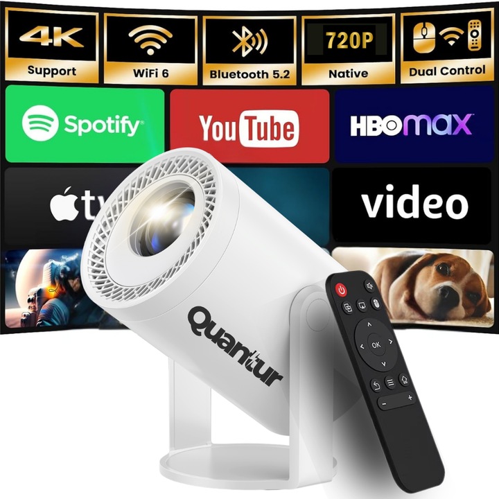 Videoproiector portabil Quantur™, Suport 4K, Android 14, 1 GB Ram, 8 GB Memorie, LED, Conexiune HDMI, USB si Mirroring Android/IOS, Rotatie la 180°, Telecomanda inclusa, Alb