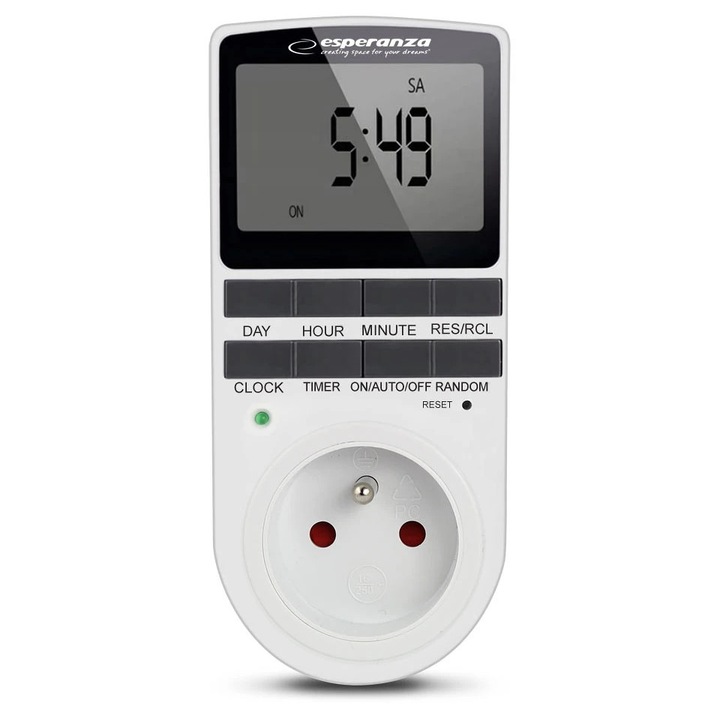 Priza programabila, LCD 2.3", 8 butoane, 10 programe pornire/oprire, 16A, 3680W, AC 220-230V, -10°C - +40°C, Alb