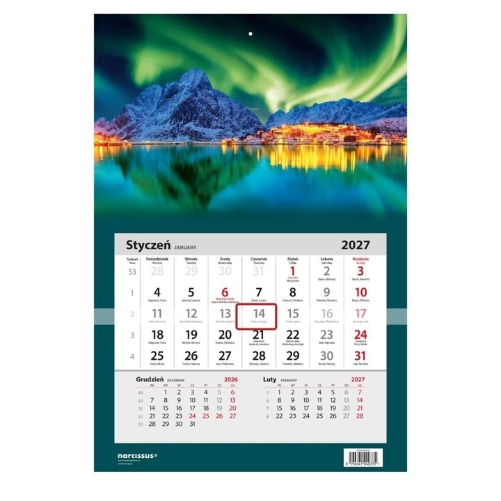 Calendar de perete Narcissus Zorza polara 2027, cu o fila (jednodzielny), multicolor, cod 800992
