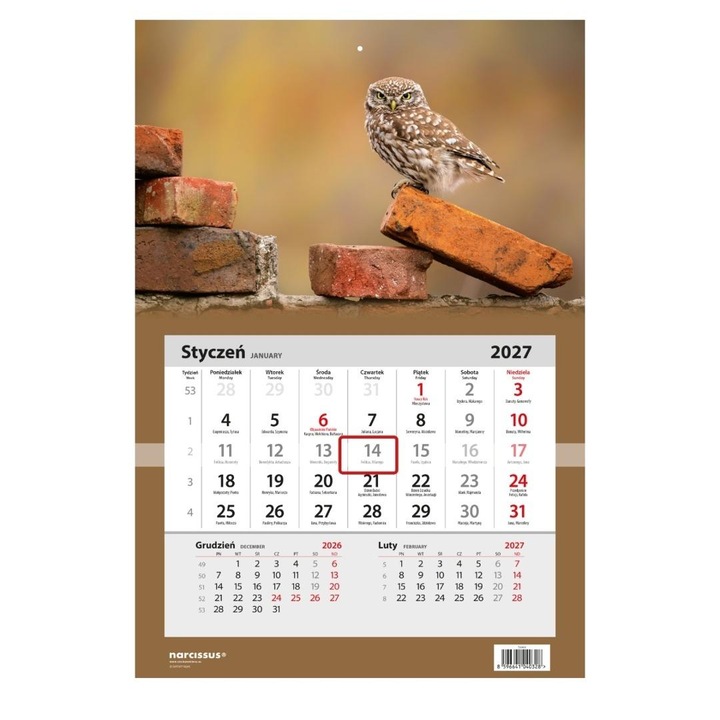 Calendar de perete Narcissus 2027, model Sowa (bufnita), pe o singura foaie pe luna, multicolor, cod 800993