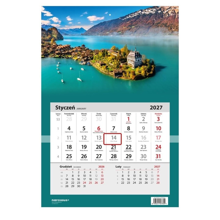 Calendar de perete Narcissus Szwajcaria 2027, o fila pe luna, multicolor, cod 800994