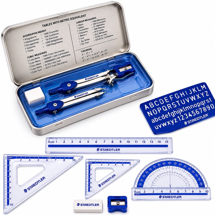Trusa de Geometrie STAEDTLER cu Penar Metalic, 10 Piese, Compas, Rigla, Echere, Raportor, Sabloane, Radiera si Ascutitoare, pentru Scoala