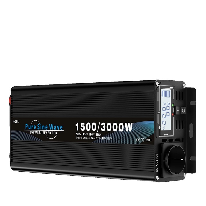 Feszültségátalakító EU-3000W-12V-220V, tiszta szinuszos hullám, 1500W névleges / 3000W csúcs, 12V DC bemenet, AC 220V 50Hz kimenet, európai típusú aljzat, fekete