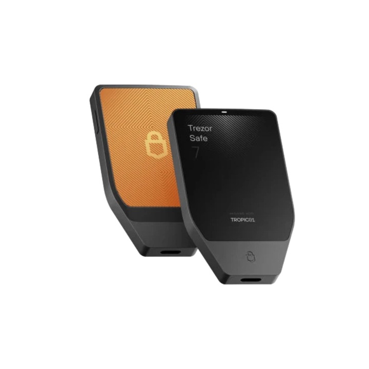 Trezor Safe 7 Bitcoin-Only Edition hardvertárca, biztonságos tárca Bitcoinhoz, hardvereszköz kriptovaluták tárolására és kezelésére, érintőképernyő, narancssárga