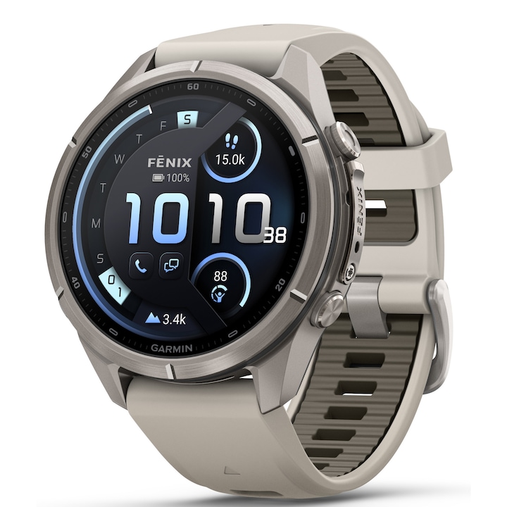 Smartwatch Garmin fenix 9 Pro, 43mm, AMOLED, InReach, GPS, Wi-Fi, Android/iOS, Sapphire,Titan cu curea din silicon Gray/Dark Sandstone