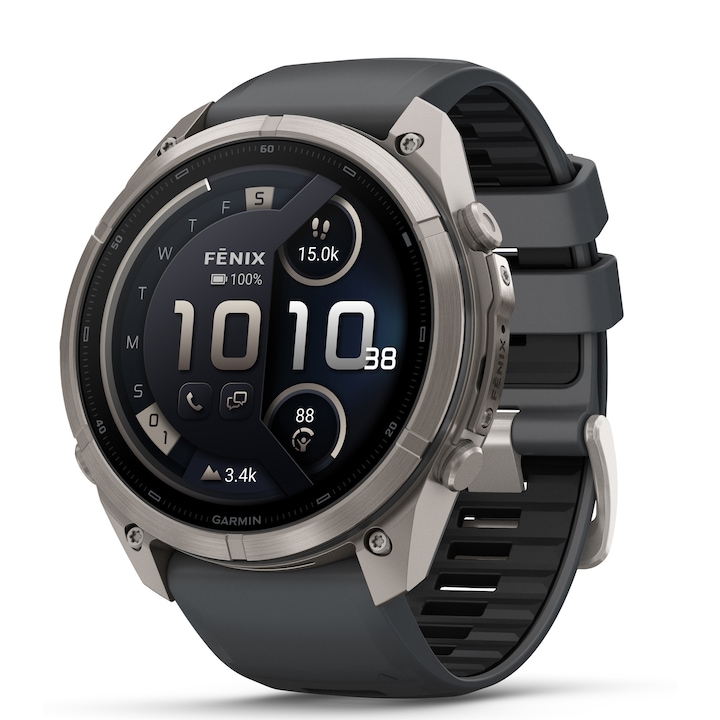 Smartwatch Garmin fenix 9 Pro, 51mm, AMOLED, inReach, GPS, Wi-Fi, Android/iOS, Sapphire, Titan, cu curea din silicon Graphite/Negru