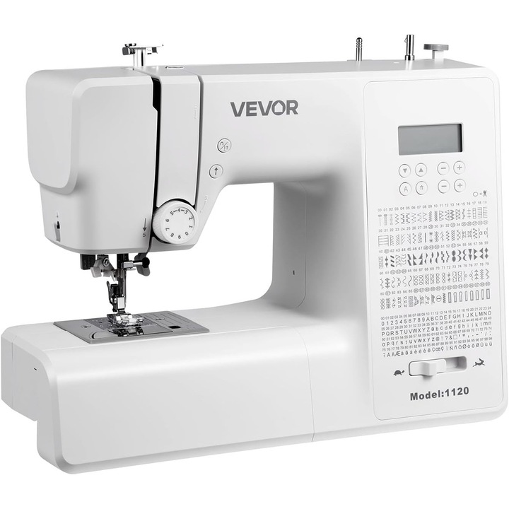 Masina de cusut computerizata VEVOR, 200 programe, ecran LCD, pedala, lumina LED, motor puternic, cadru metalic, Alb