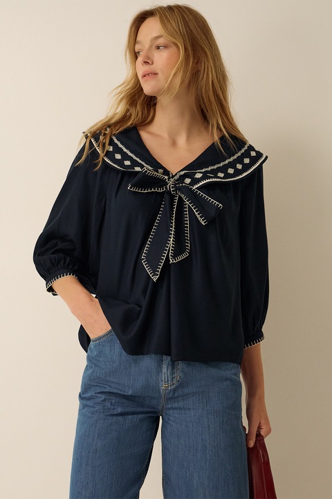Monsoon, Bluza cu guler Peter Pan, Alb/Bleumarin, S