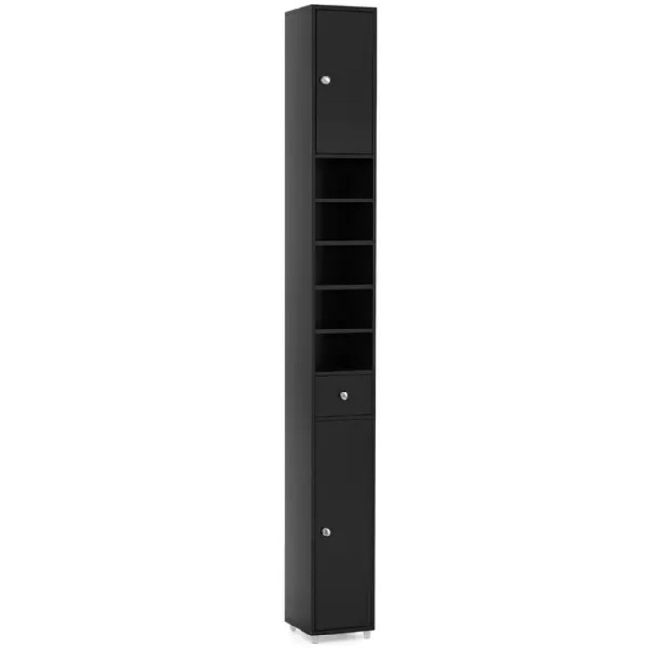 Висок шкаф за баня STALVA-CJ-K0502, MDF, 2 врати, 1 чекмедже, 5 регулируеми рафта, устройство против накланяне, черен, 20 x 20 x 180 см