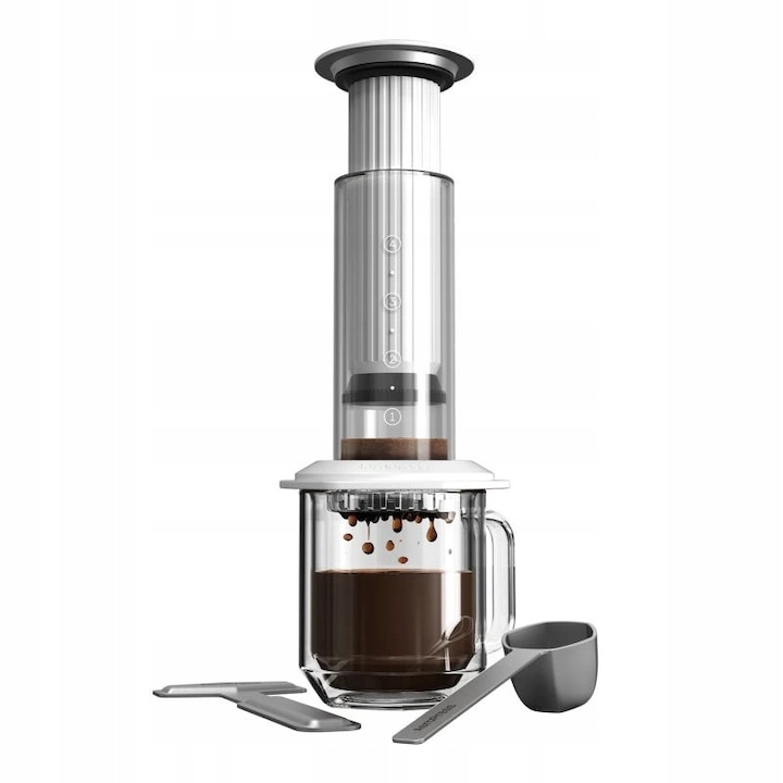 Cafetieră AeroPress Premium, sticlă albă, 300 ml, gust intens, rapid