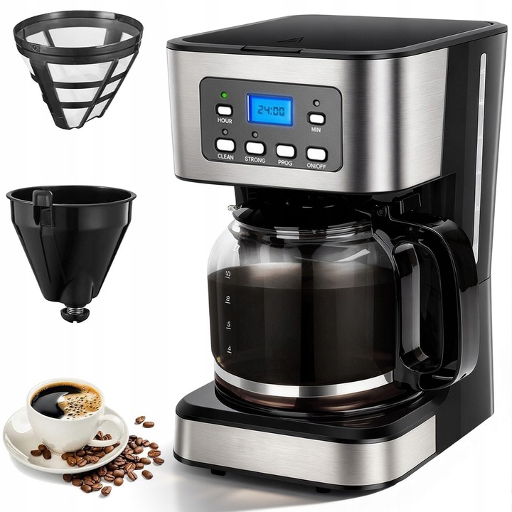 Espressor cafea 1.5L, negru și argintiu, programare timp, menținere caldă