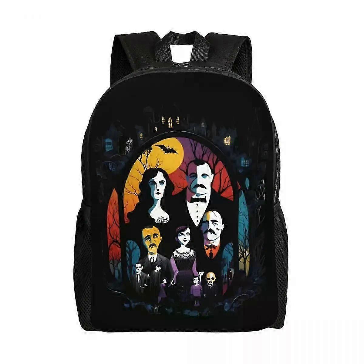 Rucsac scolar din Oxford 600D (poliester) cu imprimeu frontal Wednesday Addams, fata PU rezistent la apa, compartiment laptop 15'', negru cu imprimeu multicolor