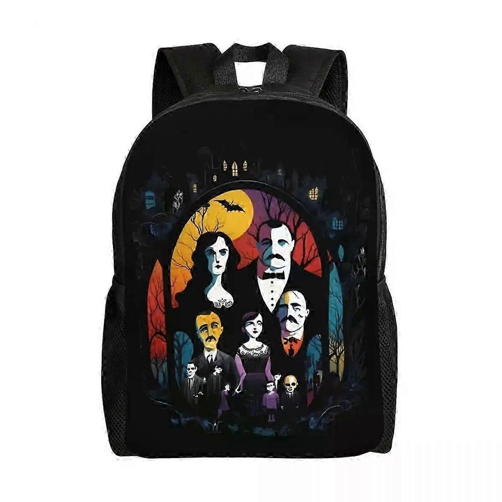 Rucsac scolar din Oxford 600D (poliester) cu imprimeu frontal Wednesday Addams, fata PU rezistent la apa, compartiment laptop 15'', negru cu imprimeu multicolor