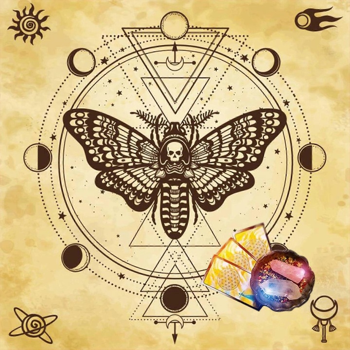 Flanel tarot terítő, koponyás pillangó és holdfázisok dizájnnal, bézs, 75x75 cm