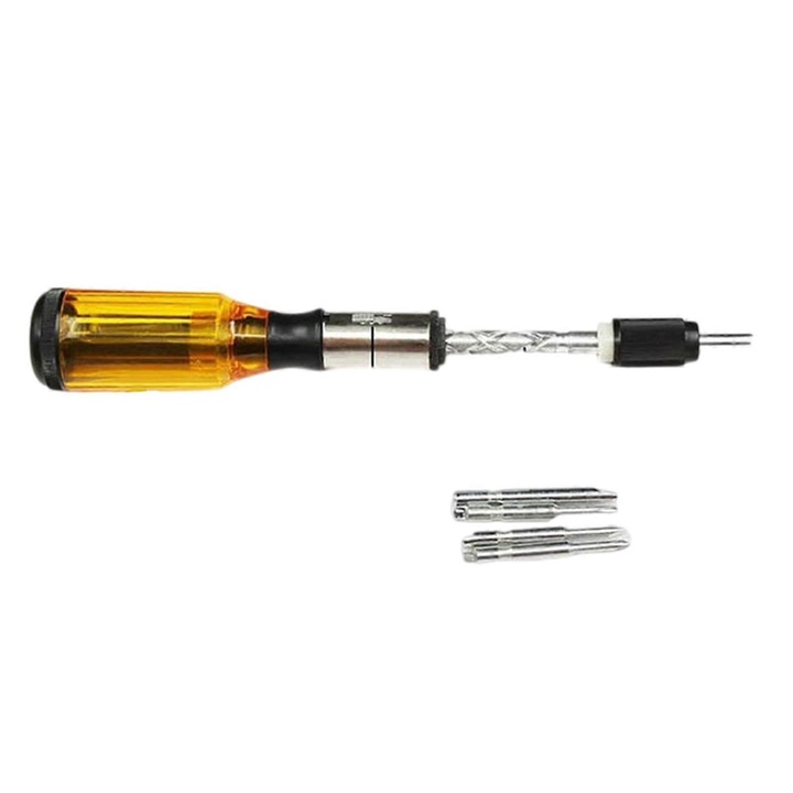 Félautomata racsnis csavarhúzó FU-K027620260821-3128, ergonomikus fogantyú, cserélhető fejek és bitek mellékelve, sárga, 217 mm