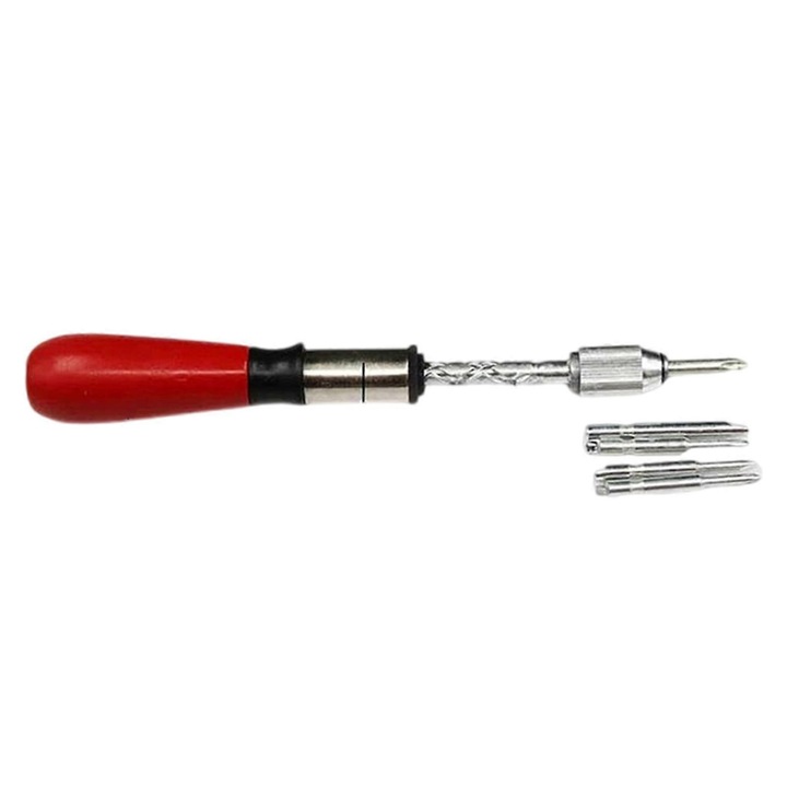 Félautomata racsnis csavarhúzó cserélhető fejekkel FU-K027620260821-3129, ergonomikus fa nyél, acél, piros, 217 mm