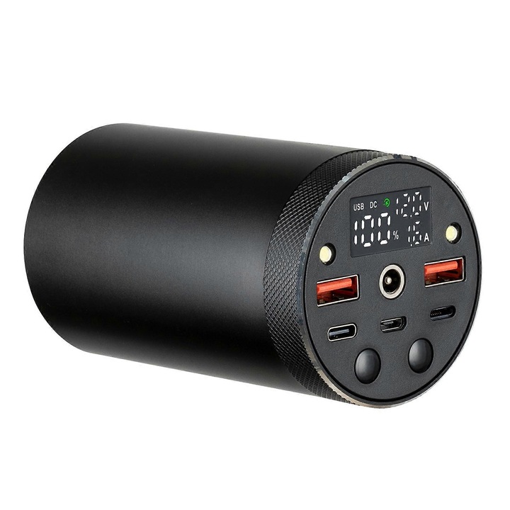 Cutie pentru baterii 18650 FU-K027620260821-4154, carcasa din aluminiu pentru 7 celule flat-top fara lipit, afisaj digital si panou frontal cu porturi USB-A/USB-C, negru/gri, 10 x 6 x 6 cm