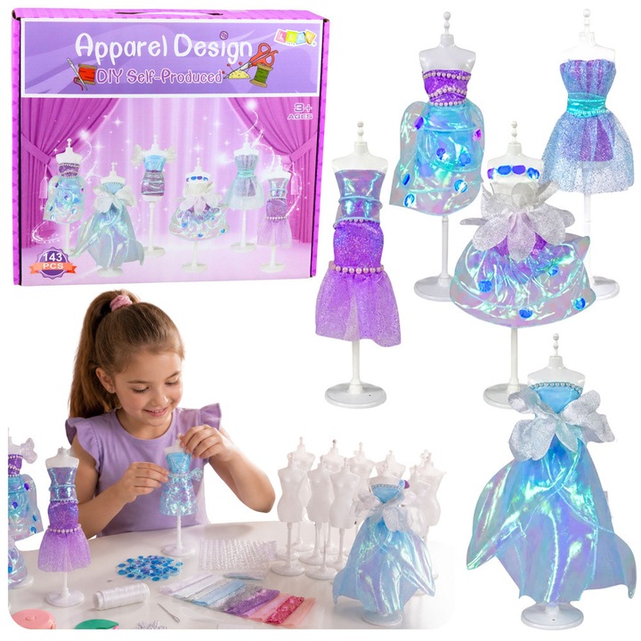 Papusa creator de moda de cusut rochie DIY set, mica, 143 piese, LEAN Toys