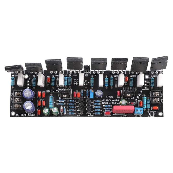 Моно усилвател 400W аудио платка FU-K0276-20260822-3322, A1943/C5200 и A970/C2240, стабилен изход 300W+, захранване ±20–90V, 195x60x45 mm, черен