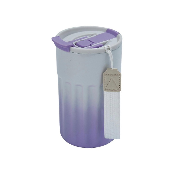 Cana termoizolanta din otel inoxidabil 304 cu doua orificii de baut, maner ergonomic si curea, gradient violet, 7.5×9×14.5 cm