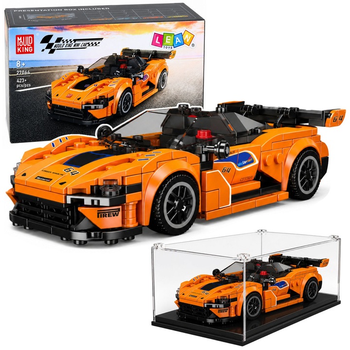 Set de constructie LEAN Toys 30131, masina sport, 423 piese, cu vitrina de expunere, portocaliu, 16,2 x 8 x 4,8 cm