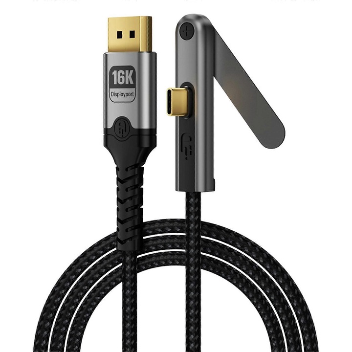 Cablu USB-C към DisplayPort FU-K0276-20260822-4243, DP 2.1 80Gbps, поддържа 16K@60Hz/8K@120Hz/4K@240Hz, сгъваема стойка, плетен, черен, 2 м