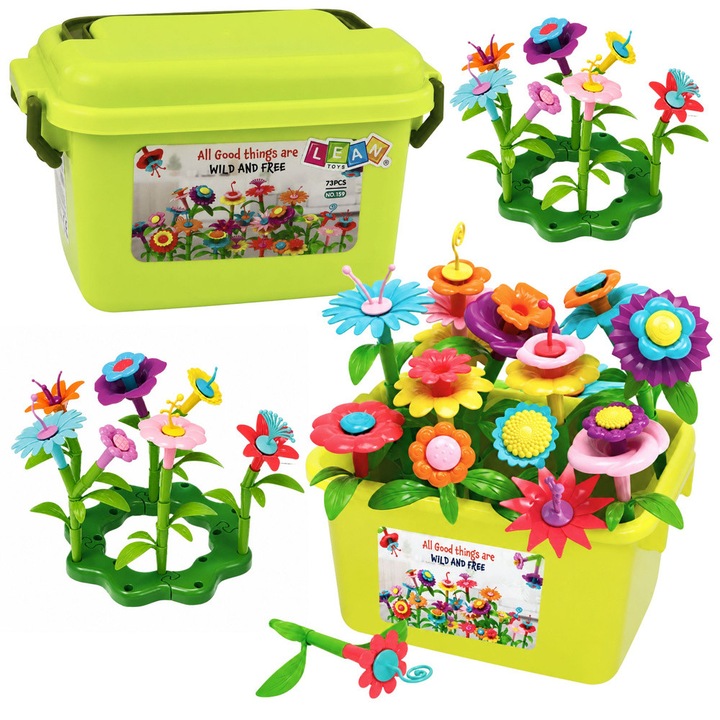 Set de constructie cu flori LEAN Toys 27651, 73 piese, plastic, cutie de depozitare, multicolor, 22,5 x 15 x 13 cm