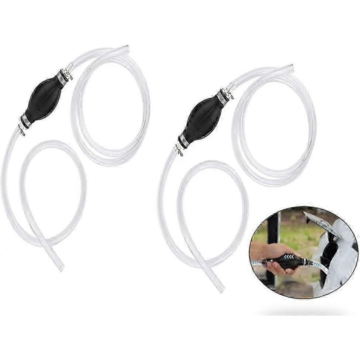 Pompa manuala sifon pentru combustibil, furtun PVC O 8 mm 2 m, pentru benzina/motorina/apa, 2 buc, negru/transparent, FU-K0276-20260823-1160