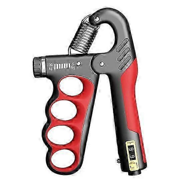 Kézi szorítóerő edző FU-K0276-20260823-782, állítható 5-100 kg, beépített mechanikus számláló, csúszásmentes TPR fogantyú, PPS, piros, 11.5 x 8 x 2.5 cm