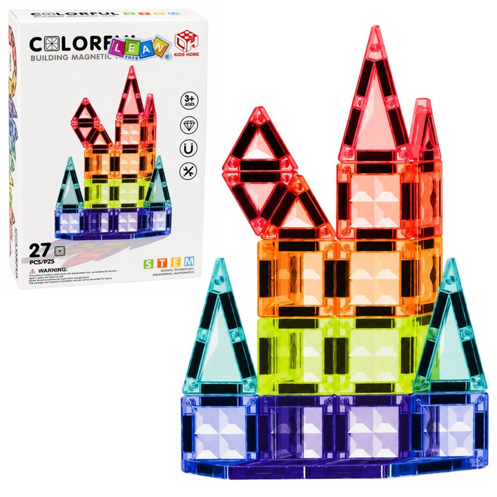 Set de piese magnetice LEAN Toys 32062, panouri transparente 3D cu forme triunghi si patrat, multicolor, 27 piese (placuta patrat 4 cm)