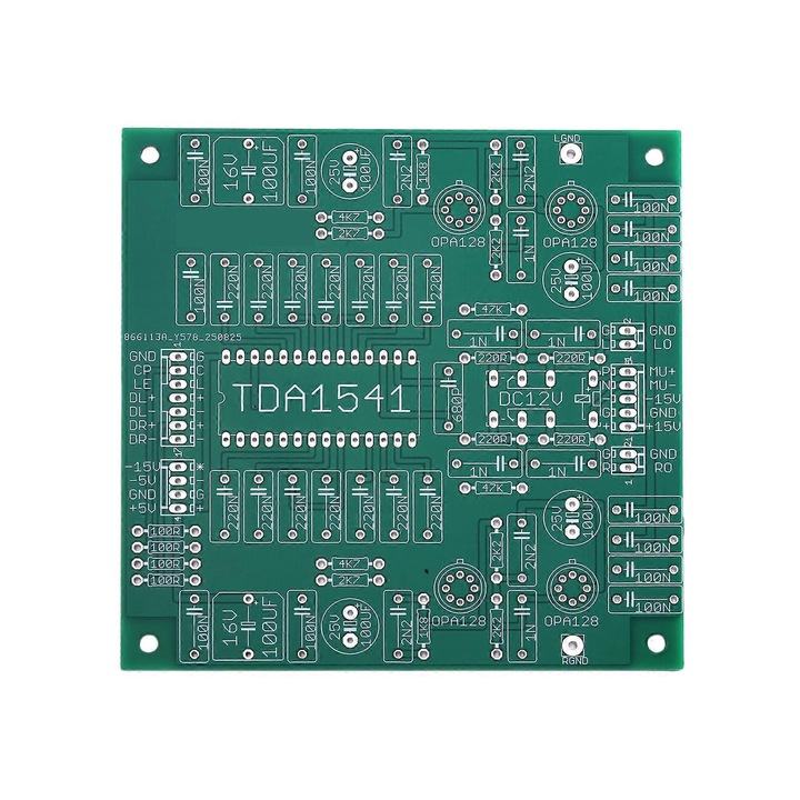 Üres NYÁK lap TDA1541/TDA1541A DAC-hoz (FU-K027620260821-6674), OPA128 támogatással I/V konverzióhoz és LPF-hez, zöld