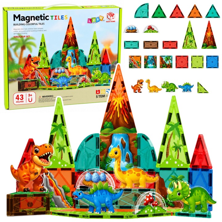 LEAN Toys 32056 mágneses építőkészlet, Dinoszauruszok, 43 darab, műanyag mágneses blokkok figurákkal és dekorációkkal, többszínű