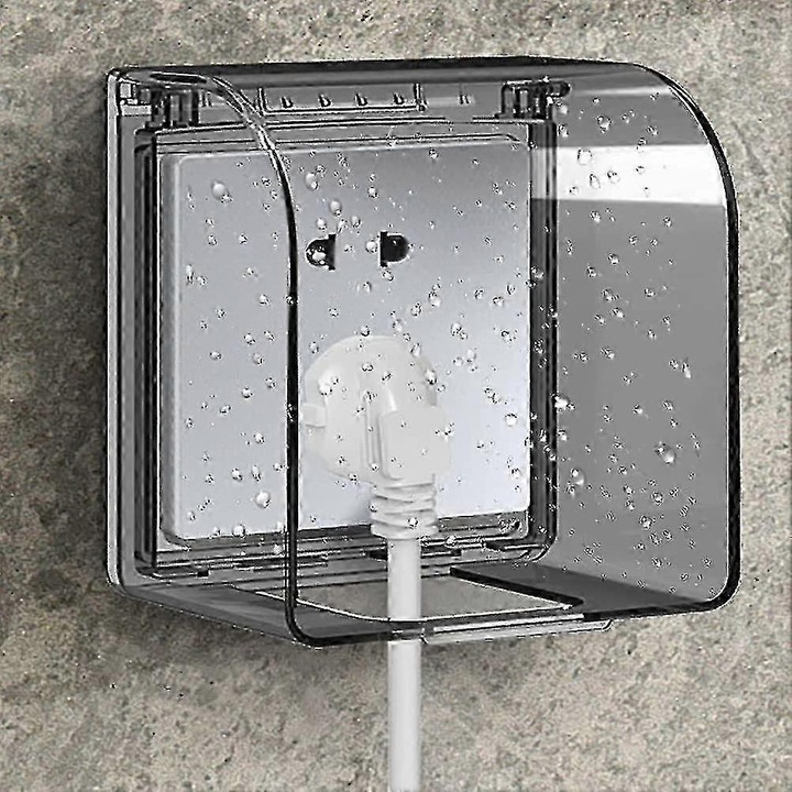 Capac protector pentru priza FU-K027620260821-7523, IP55, din PC, compatibil prize inalte 70 mm (plug triunghi/GFCI), montaj cu banda adeziva, transparent fumuriu