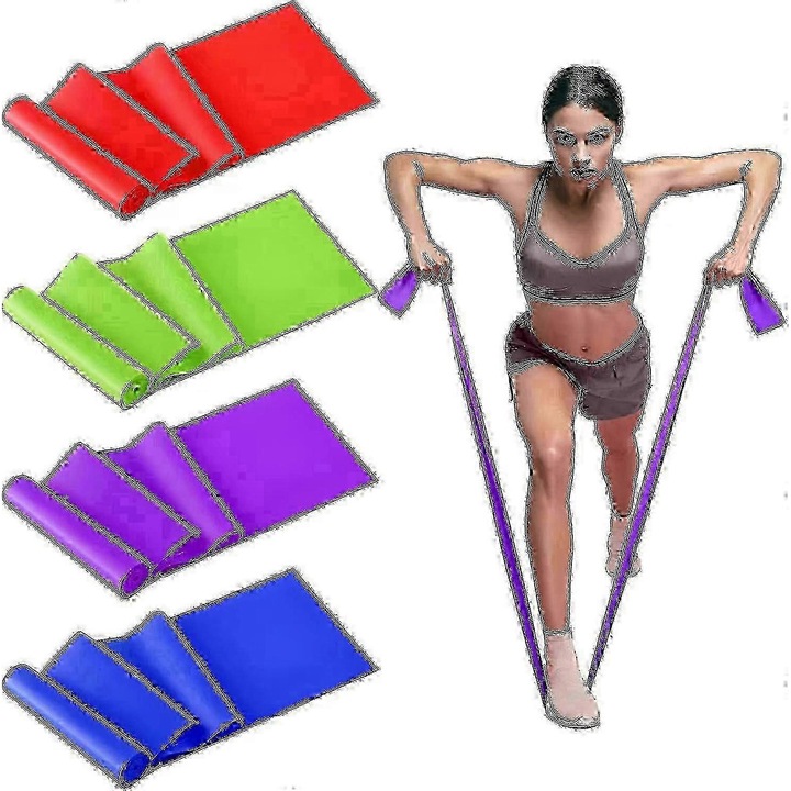 Latex ellenállási szalag készlet, 4 ellenállási szint (0,35 mm / 15 lbs), edzéshez/pilateshez/jógához, többszínű, 4 db