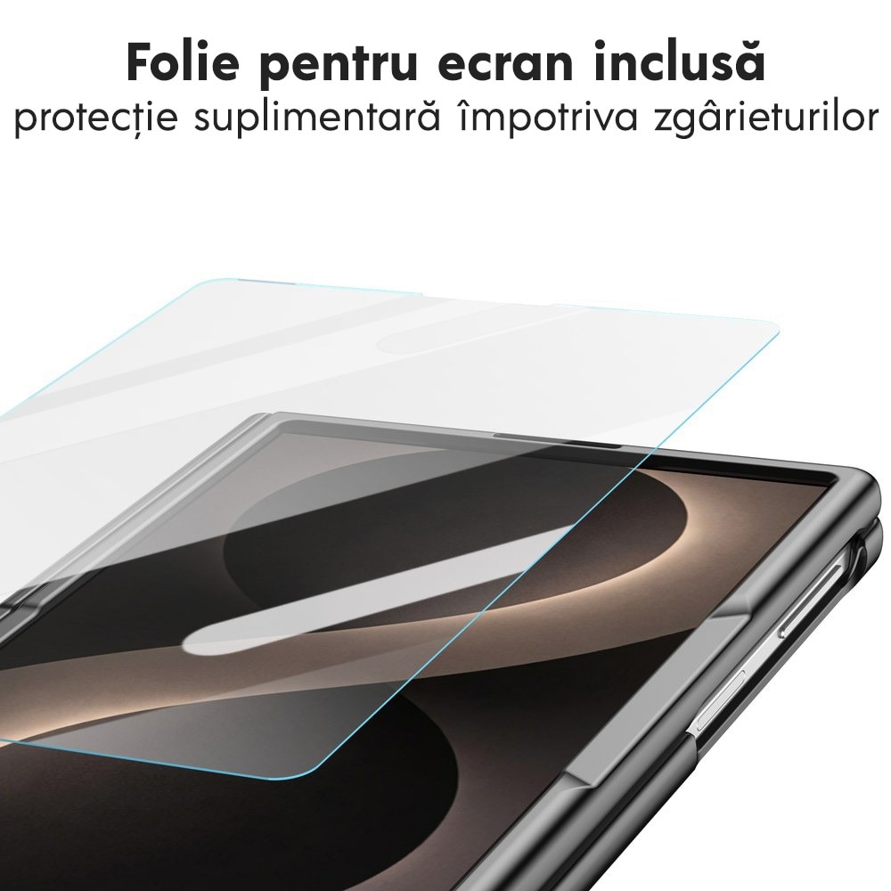 Husa pentru Samsung Galaxy Z Fold 8, DaDen Skin, Protectie completa 360°, TouchPen inclus, Protectie ecran, Textura piele, Protectie balama, Negru
